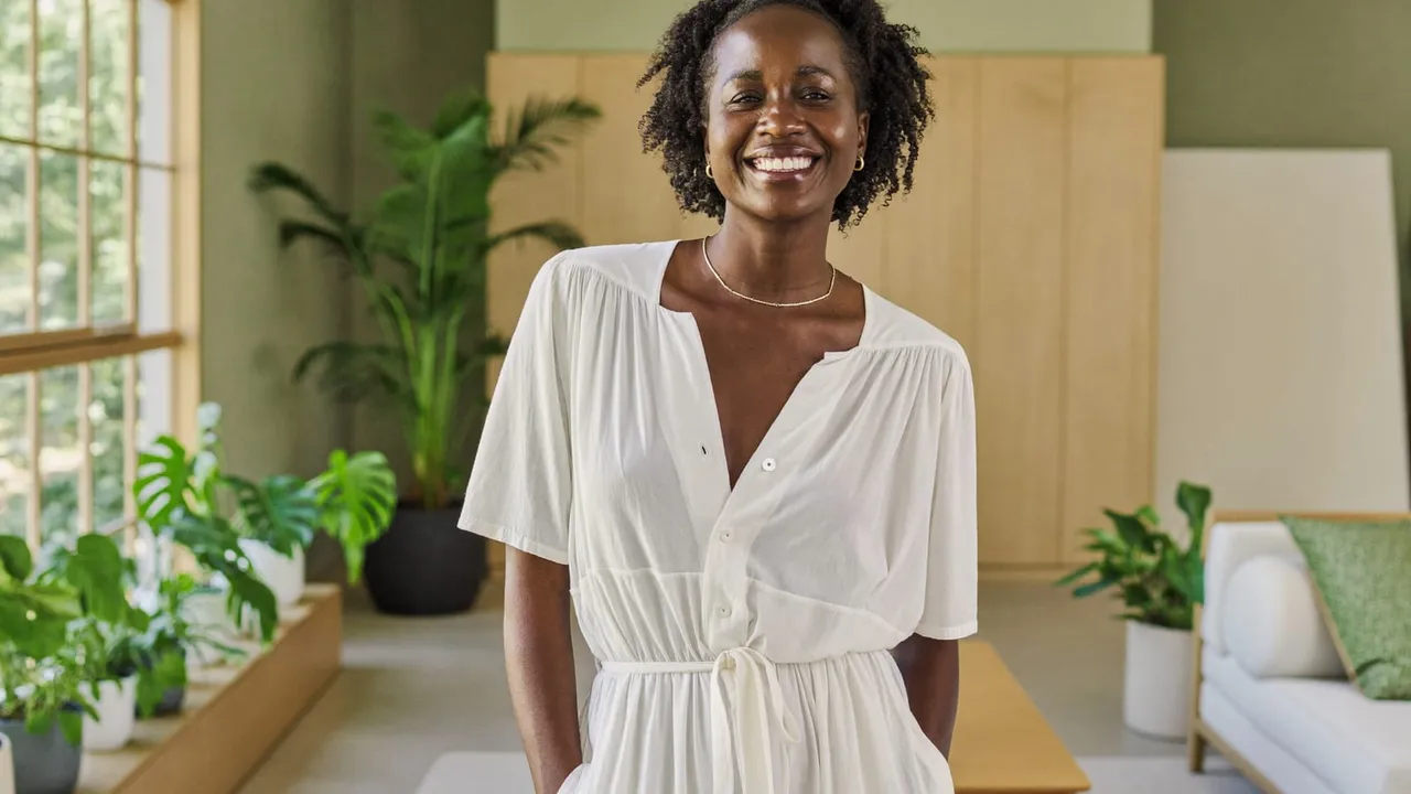 A smiling woman standing in a bright, plant-filled modern interior